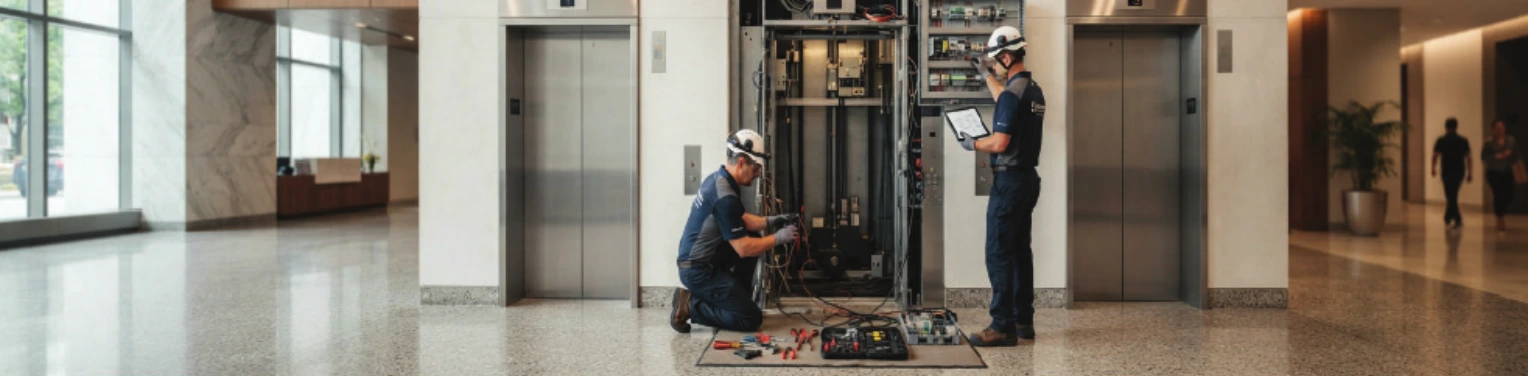 Technicians servicing an elevator in a building lobby
